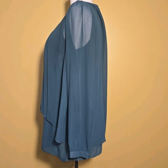 LOVE 21 Emerald Green Blouse Long Sleeve Sheer Tunic Pleated Large Layered Cardi - Picture 4 of 12